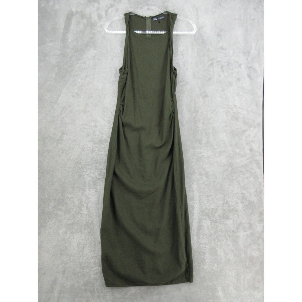 Zara Dress Womens Size M Linen Blend Ruched Midi Slit Back Twist Strap Green Zip